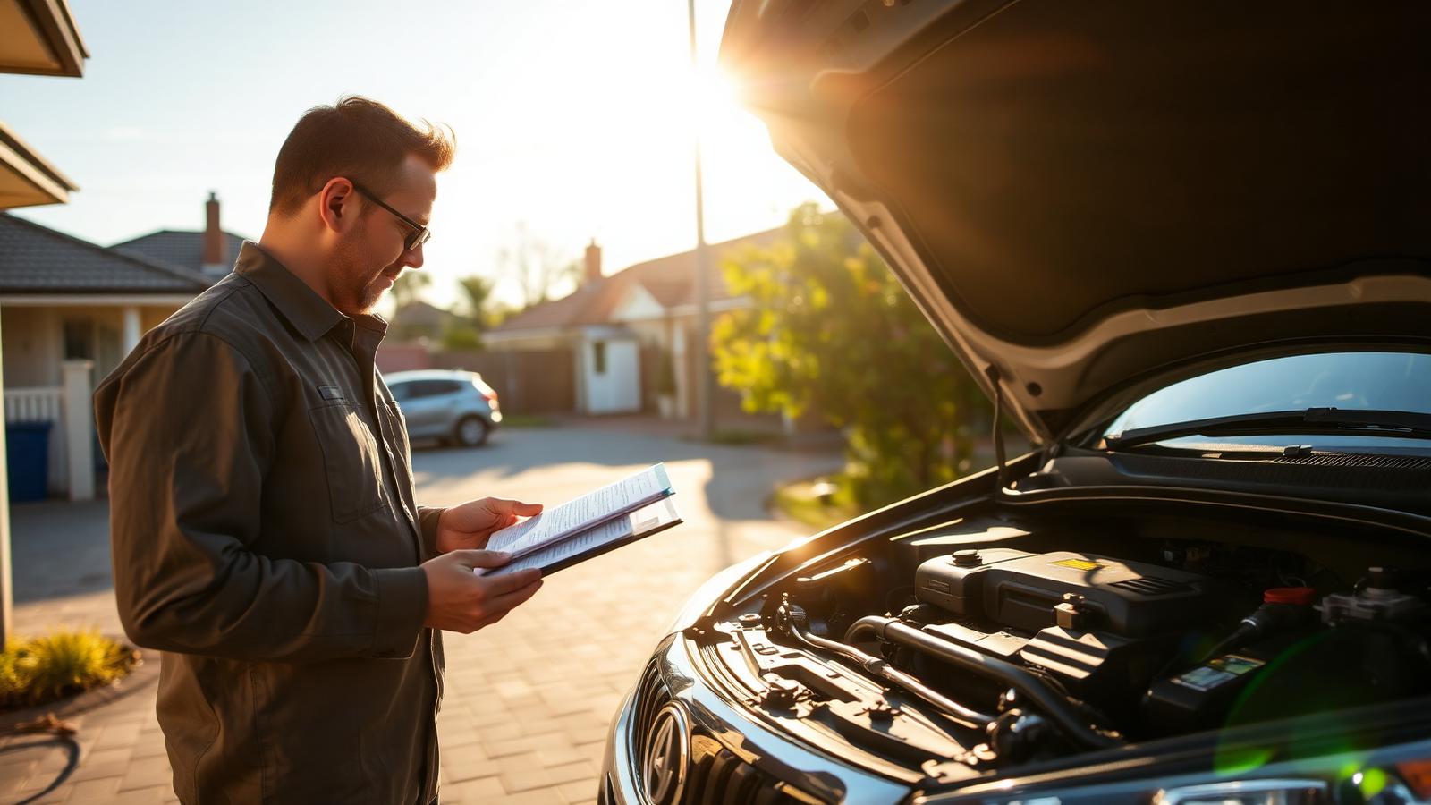 Mobile mechanic inspecting a used car in a Sydney driveway